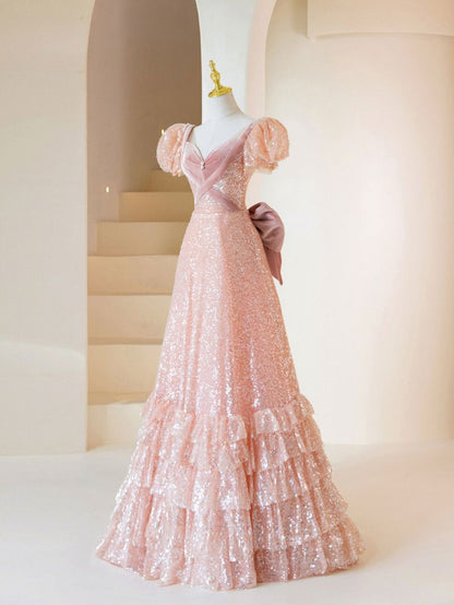 Exquisite A Line Sweetheart With Short Bubble Sleeves Sequins Long Prom Dress, Evening Dresses GG145