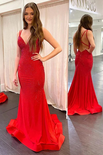 Charming Mermaid Spaghetti Straps Pastel Yellow Satin Beaded Backless Pleated Long Prom Dress,Evening Dress GG1459