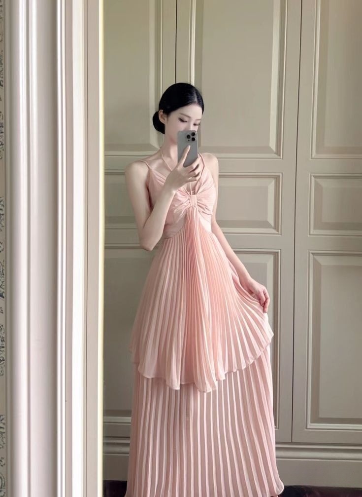 Fairy A Line Spaghetti Straps Soft Pink Chiffon Pleated Backless Long Prom Dress,Evening Dress GG1496