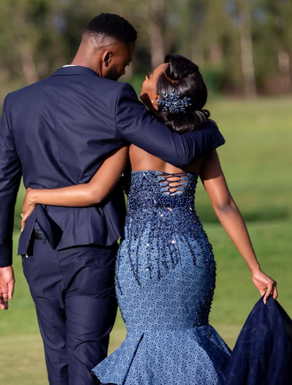 Gorgeous Mermaid Strapless Navy Tulle Beaded Long Prom Dress,Evening Dress GG1532
