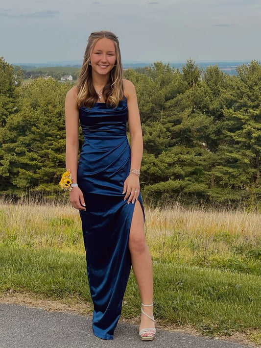 Elegant Mermaid Spaghetti Straps Navy Satin Pleated Slit Long Prom Dress,Evening Dress GG1639