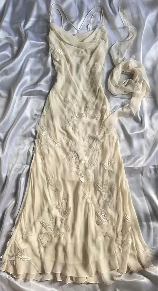 Pretty A Line Spaghetti Straps Sheath Ivory Chiffon Applique Long Prom Dress,Evening Dress GG1641