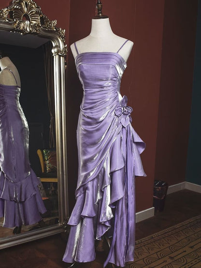 Pretty Mermaid Spaghetti Straps Satin Pleated Floral Asymmetrical Hem Long Prom Dress,Evening Dress GG1649