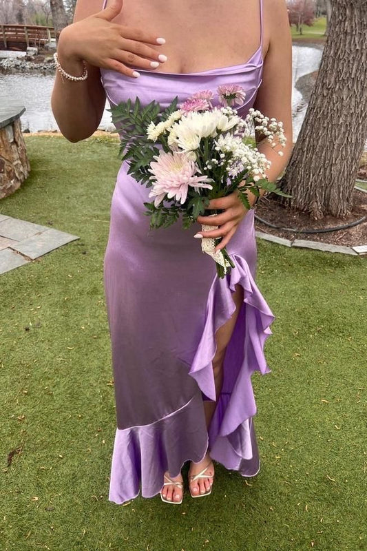 Elegant Mermaid Spaghetti Straps Lilac Satin Pleated Ruffles Slit Long Prom Dress,Evening Dress GG1681