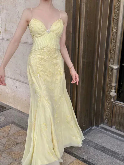 Elegant Mermaid Spaghetti Straps Pastel Yellow Chiffon Long Prom Dress,Evening Dress GG1685