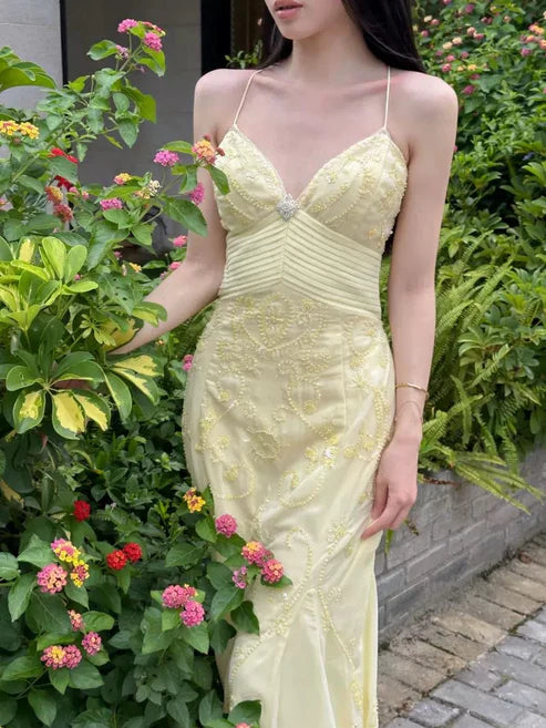 Elegant Mermaid Spaghetti Straps Pastel Yellow Chiffon Long Prom Dress,Evening Dress GG1685