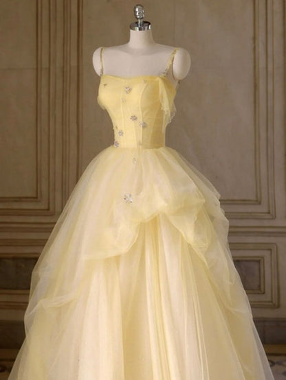 Elegant A Line Spaghetti Straps Layered Yellow Long Prom Dresses, Yellow Tulle Formal Evening Dresses GG168