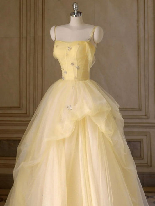 Elegant A Line Spaghetti Straps Layered Yellow Long Prom Dresses, Yellow Tulle Formal Evening Dresses GG168