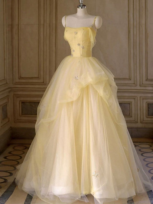 Elegant A Line Spaghetti Straps Layered Yellow Long Prom Dresses, Yellow Tulle Formal Evening Dresses GG168