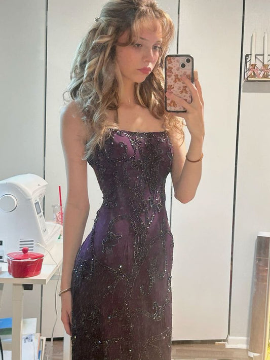 Chic Mermaid Spaghetti Straps Purple Satin Beaded Applique Long  Prom Dress,Evening Dress GG1690