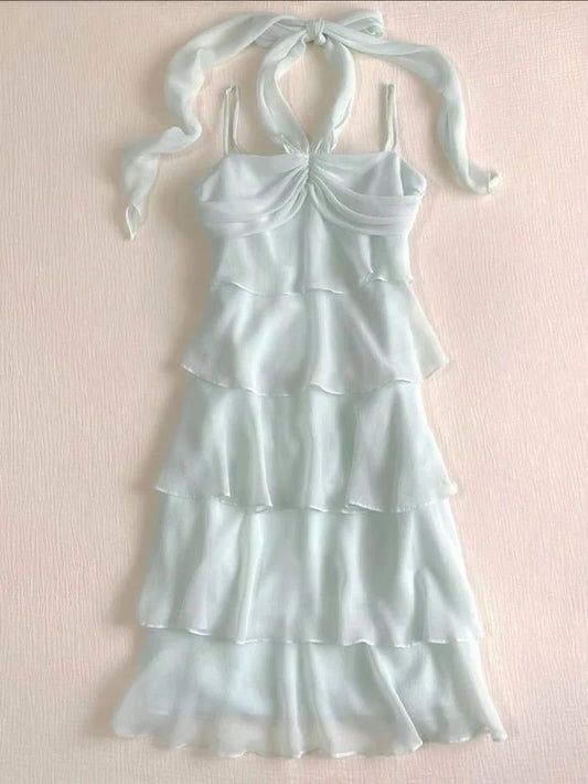 Charming A Line Halter Spaghetti Straps Tiffany Blue Chiffon Tiered Short Prom Dress,Evening Dress GG1725