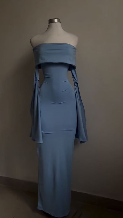 Chic Mermaid Off The Shoulder Sky Blue Satin Long Sleeves Long Prom Dress,Evening Dress GG1801