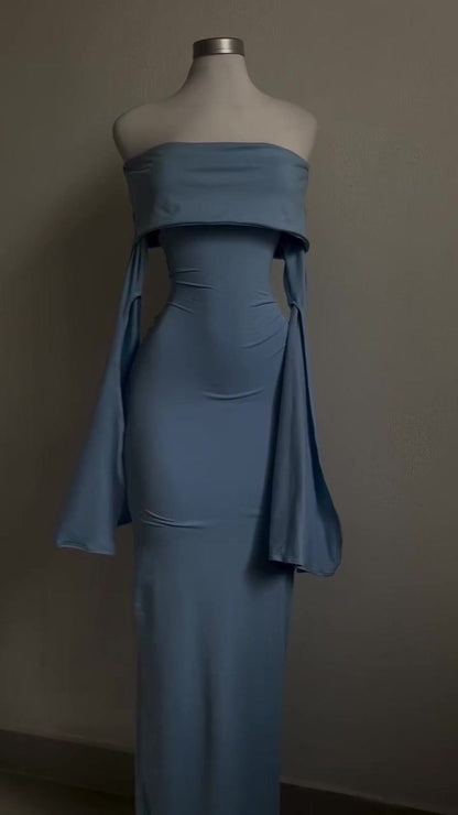 Chic Mermaid Off The Shoulder Sky Blue Satin Long Sleeves Long Prom Dress,Evening Dress GG1801
