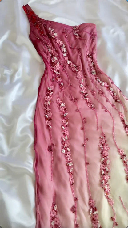 Ombre Mermaid One Shoulder Chiffon Beaded Long Prom Dress,Evening Dress GG1804