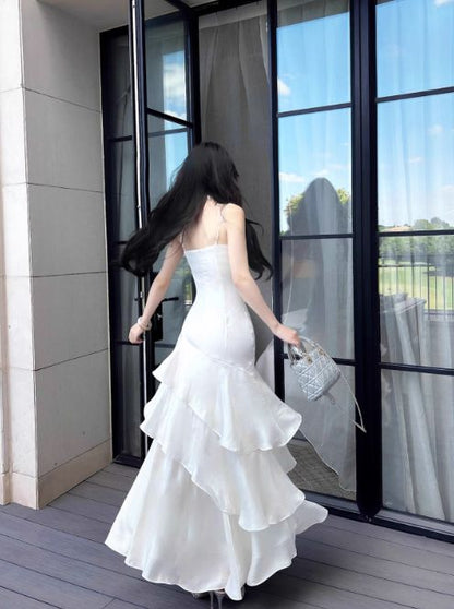 Fairy Mermaid Spaghetti Straps White Satin Tiered Long Prom Dress,Evening Dress GG1812