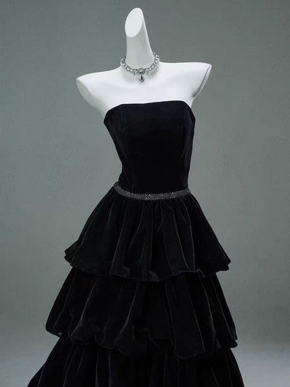 Elegant A Line Strapless Tiered Black Velvet Ball Gown Sweep Long Prom Dresses, Evening Dresses GG183