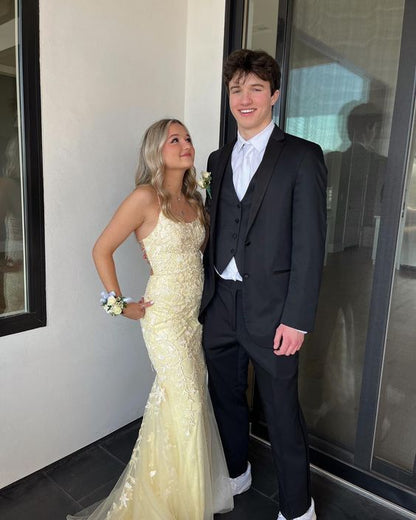 Pretty Mermaid Spaghetti Straps Pastel Yellow Tulle Applique Long Prom Dress,Evening Dress GG1843