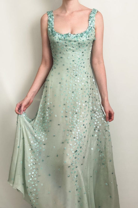 Glamorous A Line Square Chiffon Floral Beaded Long Prom Dress,Evening Dress GG1913