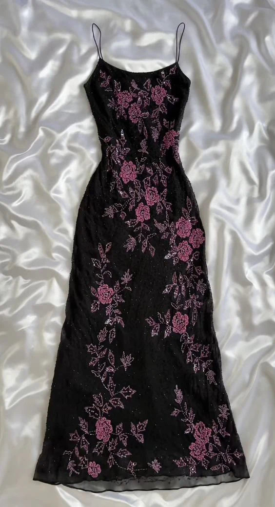 Charming A Line Spaghetti Straps Black Tulle Flowers Long Prom Dress,Evening Dress GG1916