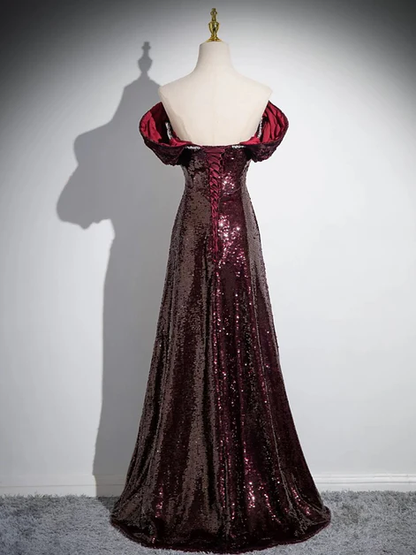 Shiny A Line Off The Shoulder Maroon Sequins Beaded Long Prom Dress, Maroon Simple Evening Dress GG191