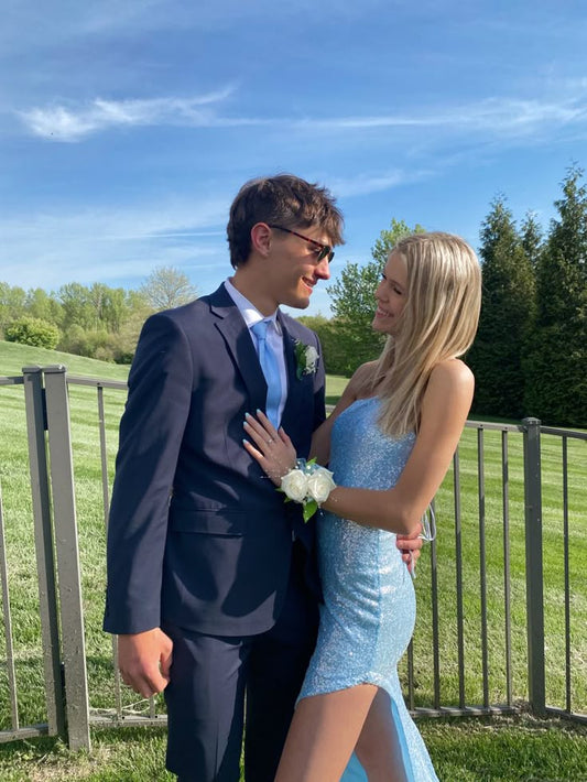Glitter Mermaid One Shoulder Pale Blue Sequin Slit Long Prom Dress,Evening Dress GG1925