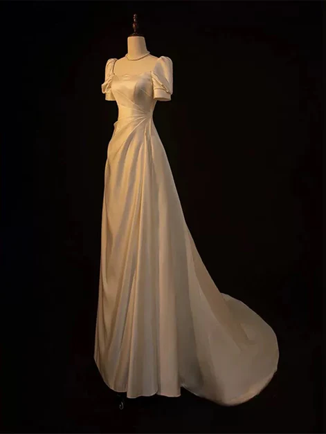 Simple A Line Square Lvory Satin Short Bubble Sleeves Long Prom Dress, Evening Dress GG192