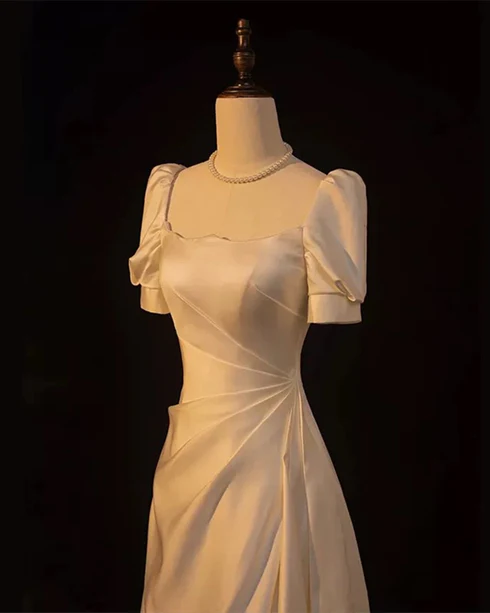 Simple A Line Square Lvory Satin Short Bubble Sleeves Long Prom Dress, Evening Dress GG192