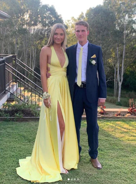 Sexy A Line Halter V Neck Satin Slit Long Prom Dress,Evening Dress GG1956
