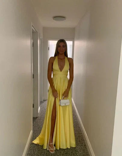 Sexy A Line Halter V Neck Satin Slit Long Prom Dress,Evening Dress GG1956