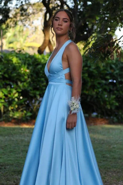 Sexy A Line Halter V Neck Satin Slit Long Prom Dress,Evening Dress GG1956