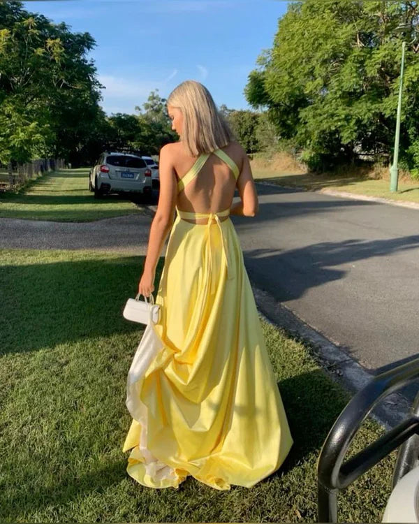 Sexy A Line Halter V Neck Satin Slit Long Prom Dress,Evening Dress GG1956