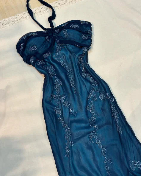 Chic A Line Halter Straps Satin Chiffon Applique Long Prom Dress,Evening Dress GG1962