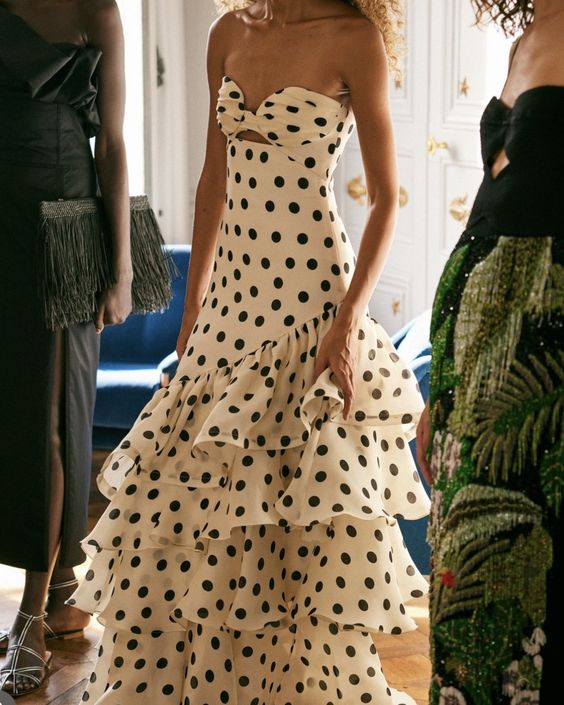 Pretty Strapless A Line Polka Dots Chiffon Tiered Long Prom Dress,Evening Dress GG1976