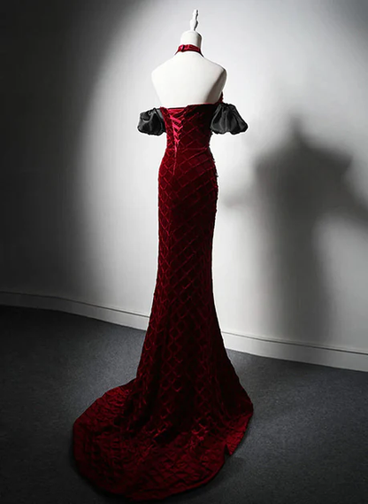 Exquisite Mermaid Sweetheart Off The Shoulder Wine Red Velvet Beaded Long Sweep Prom Dress, Evening Dress GG199