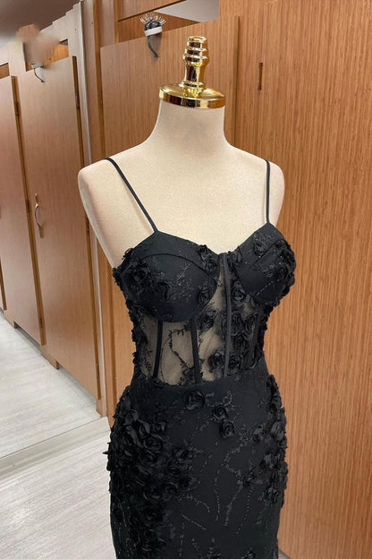 Pretty Mermaid Spaghetti Straps Black Satin Tulle Applique Long Prom Dress,Evening Dress GG2017