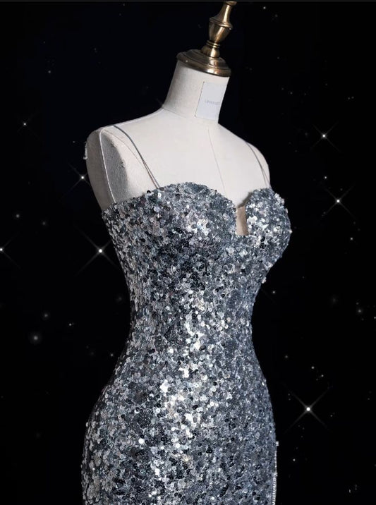 Sparkly Mermaid Spaghetti Straps Silver Sequin Slit Long Prom Dress,Evening Dress GG2048