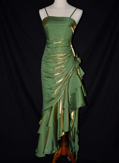 Elegant Mermaid Spaghetti Straps Charming High Low Satin Long Prom Dress, Evening Dress GG205