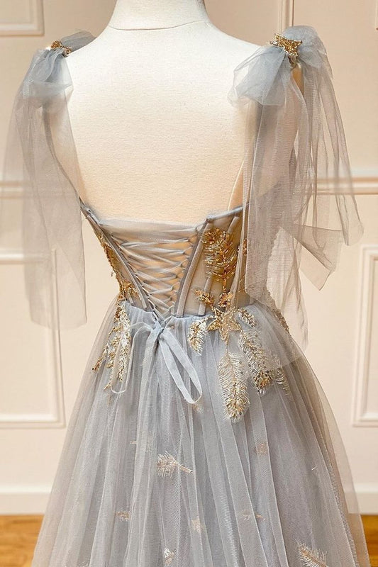 Fairy A Line Spaghetti Straps Gray Tulle Applique Long Prom Dress,Evening Dress GG2062