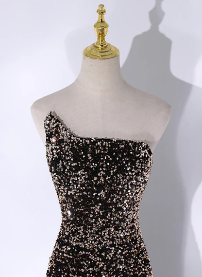 Exquisite Black Mermaid Strapless Sequins Tulle Long Prom Dress, Evening Dress GG207
