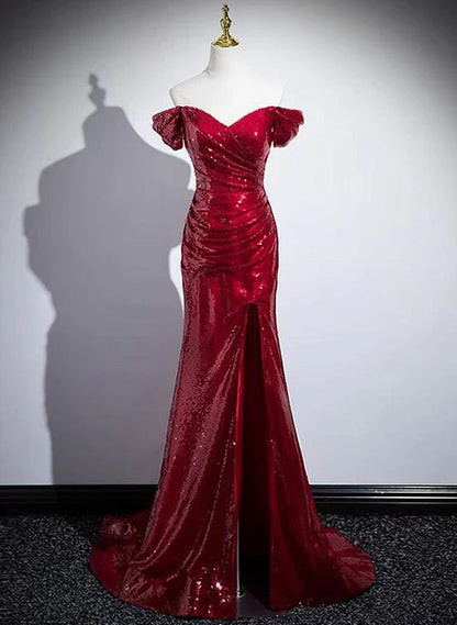 Shiny Mermaid Red Sequins Off The Shoulder Split Long Prom Dresses ,Evening Dresses GG211