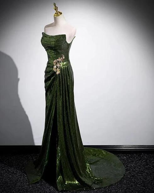 Shiny Mermaid Strapless Green Sequins Split Long  Prom Dress, Evening Dresses GG212