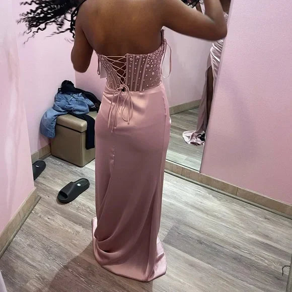 Gorgeous Mermaid Strapless Satin Pleated Beaded Slit Long Prom Dress,Party Dress,Evening Dress GG2171