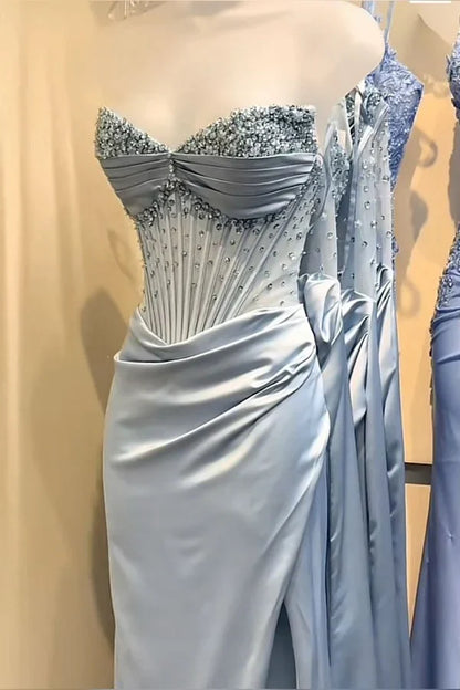 Gorgeous Mermaid Strapless Satin Pleated Beaded Slit Long Prom Dress,Party Dress,Evening Dress GG2171