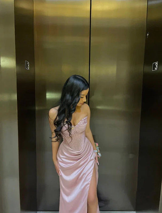 Gorgeous Mermaid Strapless Satin Pleated Beaded Slit Long Prom Dress,Party Dress,Evening Dress GG2171