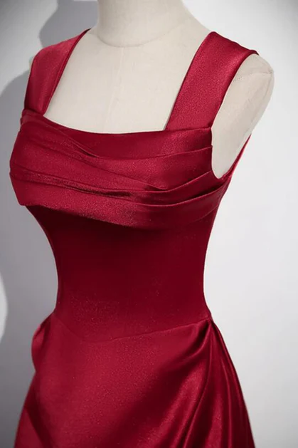 Elegant A Line Square Wine Red Straps Satin Long Prom Dress,Evening Dresses GG220