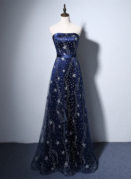 Elegant A Line Strapless Navy Blue Tulle Long Prom Dress,Evening Dresses GG222