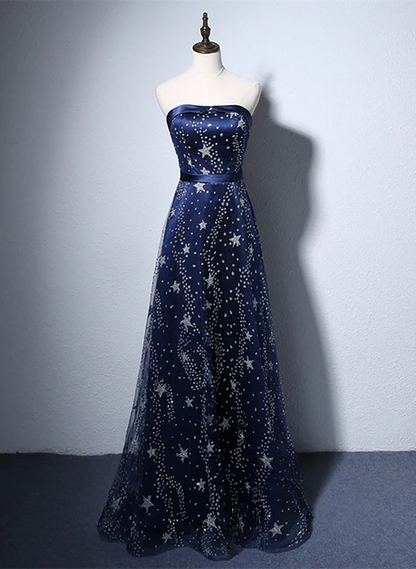 Elegant A Line Strapless Navy Blue Tulle Long Prom Dress,Evening Dresses GG222