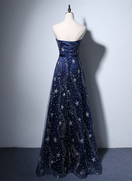 Elegant A Line Strapless Navy Blue Tulle Long Prom Dress,Evening Dresses GG222