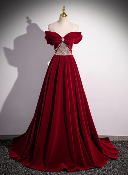 Pretty A Line Wine Red Off The Shoulder Beaded Velvet Long Prom Dress, Evening Dress GG229