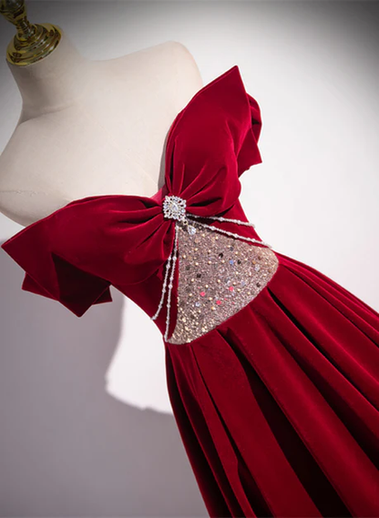 Pretty A Line Wine Red Off The Shoulder Beaded Velvet Long Prom Dress, Evening Dress GG229